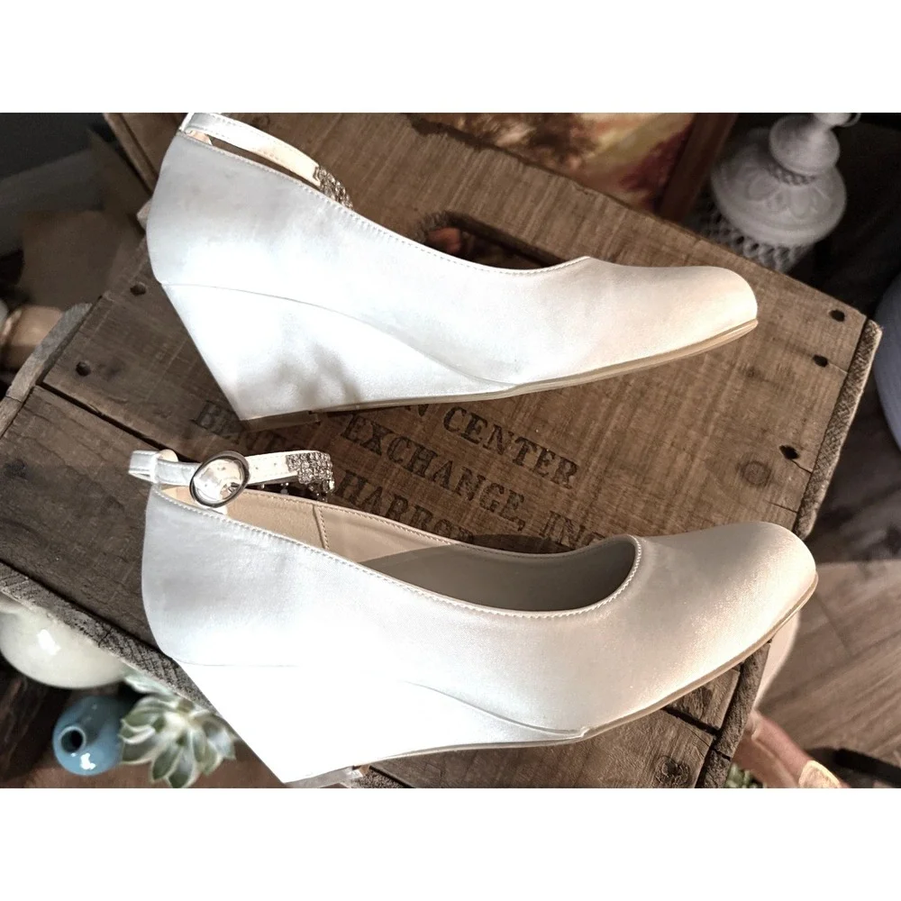 Ivory Bridal Wedges Crystal Rhinestone Anklet Strap Jeweled Wedding Heels 3in
